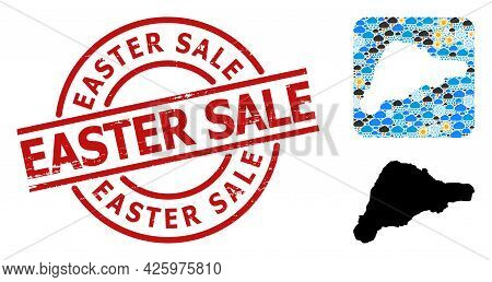 Weather Mosaic Map Of Easter Island, And Rubber Red Round Easter Sale Stamp Seal. Geographic Vector 