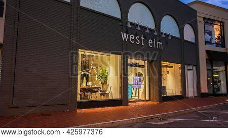 WESTPORT, CT, USA - JULY 4, 2021: West Elm store entrance view from parking area near Saugatuck river