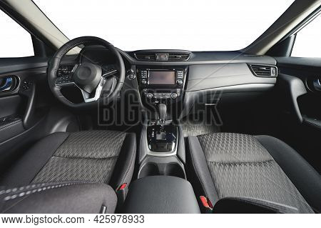 Dashboard Of Modern Car With Big Screen And Gearstick Isolated