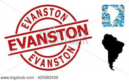 Weather Collage Map Of South America, And Rubber Red Round Evanston Stamp Seal. Geographic Vector Co