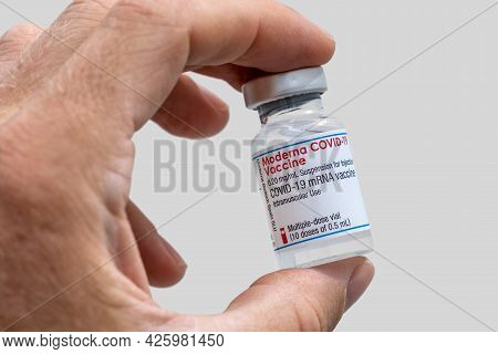 Montreal, Ca - 25 June 2021: Vial Of Moderna Covid-19 Vaccine