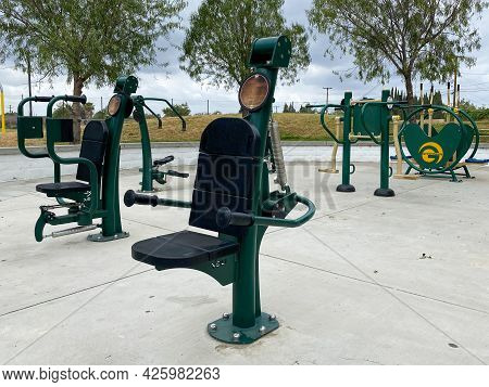 Outdoor Fitness Equipment In A Public Park. Free Exercise Equipment, June 16th, 2021, Placentia, Cal