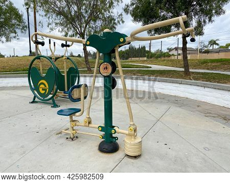 Outdoor Fitness Equipment In A Public Park. Free Exercise Equipment, June 16th, 2021, Placentia, Cal
