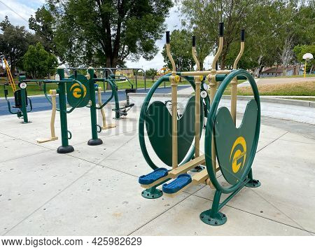 Outdoor Fitness Equipment In A Public Park. Free Exercise Equipment, June 16th, 2021, Placentia, Cal