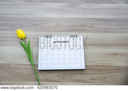 Top View Of Calendar Desk Place On Table. Desktop Calender For Planner To Plan Agenda, Timetable, Ap