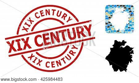 Weather Mosaic Map Of Zhejiang Province, And Textured Red Round Xix Century Badge.