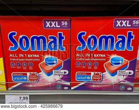 Mainz, Germany - July 06, 2021: Close-up Of Two Packets Of Somat Dishwasher Tabs On A Shelf In A Ger
