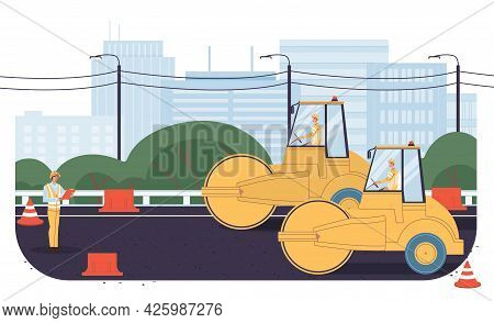 Vector Cartoon Flat Industrial Worker Characters At Road Construction Work.engineer Workers Repair, 