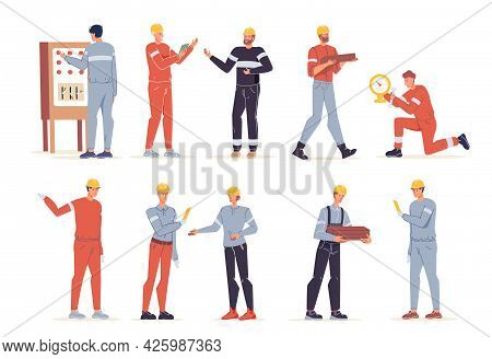 Vector Cartoon Flat Industrial Worker Characters At Gas, Petroleum Production Industry Set.engineer 