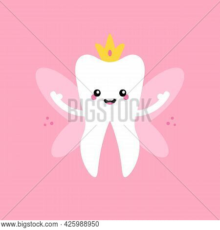 Cute Cartoon Style Tooth Fairy, Tooth Queen With Golden Crown And Wings Vector Illustration, Icon Fo