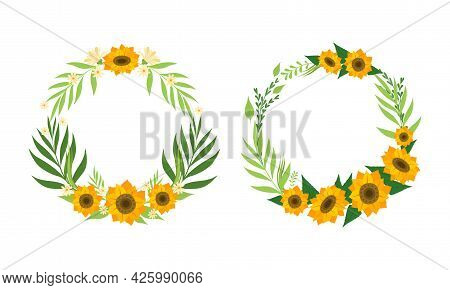 Flower Frame Border Set, Floral Wreath Made Of Yellow Symmer Flowers And Green Leaves Cartoon Vector