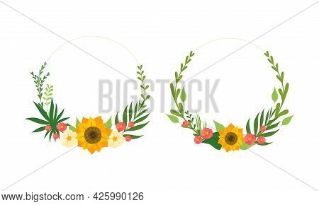 Floral Frames Set, Wreath Made Of Brighr Flowers And Green Leaves Vector Illustration