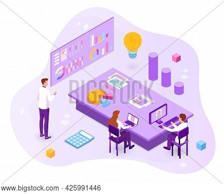 Concept Of Developing Financial Strategies To Achieve Goals. Woman Working At Laptop, One Man Analyz