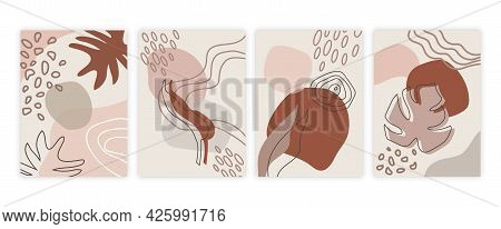 Minimalistic Collage With Organic Elements. Abstract Hand-drawn Shapes, Leaves And Lines. Autumn Sha