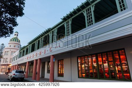 Napier New Zealand - June 1 2015; Long Art Deco Veranda Of Masonic Hotel Leading To Historic Domed T