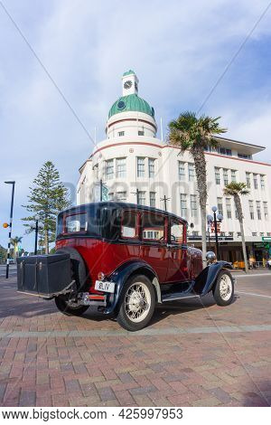 Napier New Zealand - June 1 2015;red And Black Model A Ford Refurbished Car Parked In City Street Be