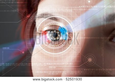 Modern cyber woman with technolgy eye looking