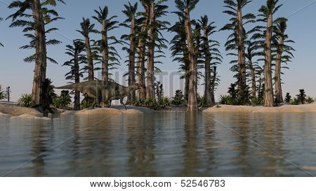 shuangmiaosaurus walking in lake water