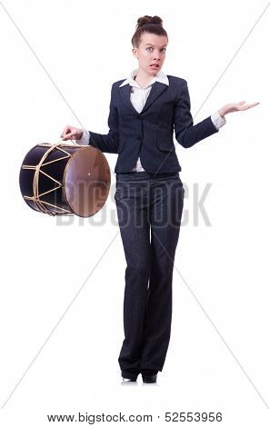 Funny businesswoman with drum isolated on white