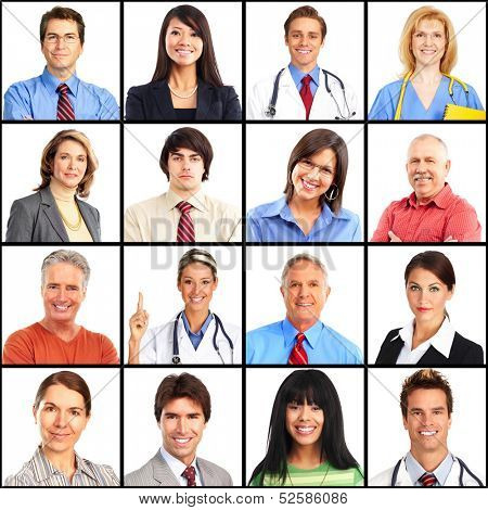 People faces collage. Man and woman portrait isolated.