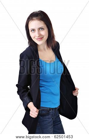 Girl Dressed In Dark Blue Jacket, T-shirt And Jeans