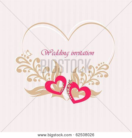 Wedding invitation card with decorative hearts.