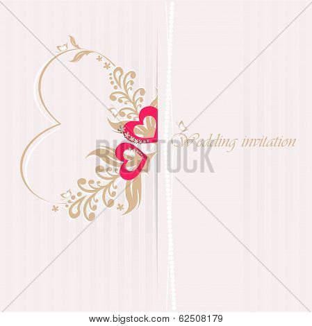 Wedding invitation card with decorative hearts.