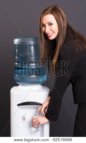 Pretty Brunette Woman Office Staff Water Cooler Workplace Drink
