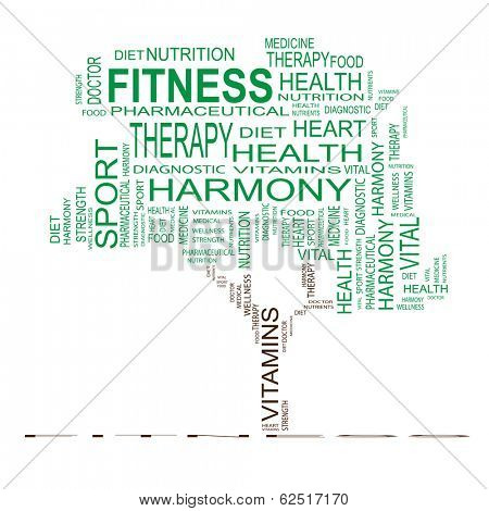 Conceptual green tree made of health text as wordcloud isolated on white background