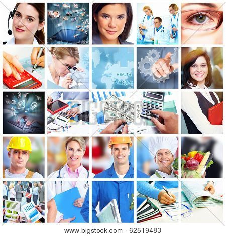 Business people collage. Accounting and technology background.