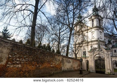 KRAKOW, POLAND - FEB 17, 2014: Church of St.Stanislaus Bishop. Built 1472, In 1733-1751 the church received a baroque decor. It is one of the most famous Polish sanctuaries.