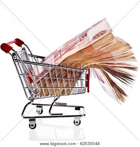 One Million Banknotes Rubles of the Russian Federation in Shopping basket cart - isolated on white background