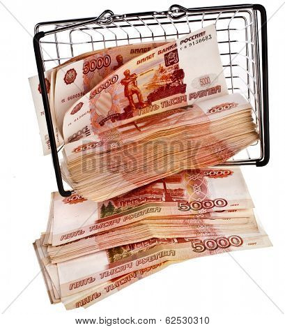 One Million Russian  Banknotes Rubles falling from shopping basket cart - isolated on white background
