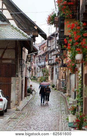 Street with half-timbered medieval houses in Eguisheim