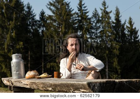Rustically Man Making A Picnic In The Nature