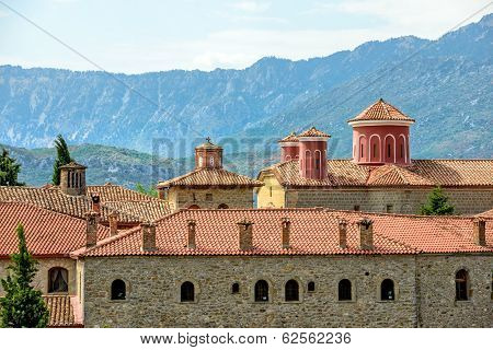 Monastery Roofs And Domes In Rocks At Meteora In Greece