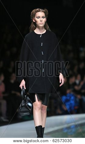 ZAGREB, CROATIA - MARCH 29: Fashion model wearing clothes designed by Branka Donassy on the 'Fashion.hr' show on March 29, 2014 in Zagreb, Croatia