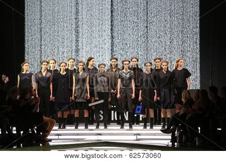 ZAGREB, CROATIA - MARCH 29: Fashion model wearing clothes designed by Branka Donassy on the 'Fashion.hr' show on March 29, 2014 in Zagreb, Croatia
