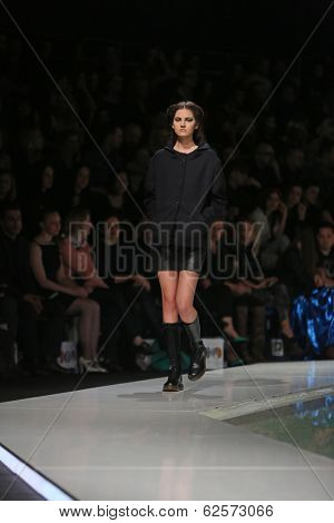 ZAGREB, CROATIA - MARCH 29: Fashion model wearing clothes designed by Branka Donassy on the 'Fashion.hr' show on March 29, 2014 in Zagreb, Croatia