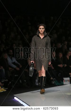 ZAGREB, CROATIA - MARCH 29: Fashion model wearing clothes designed by Branka Donassy on the 'Fashion.hr' show on March 29, 2014 in Zagreb, Croatia