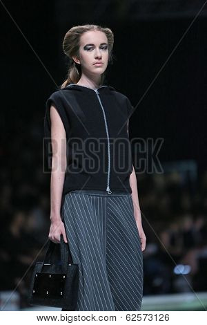 ZAGREB, CROATIA - MARCH 29: Fashion model wearing clothes designed by Branka Donassy on the 'Fashion.hr' show on March 29, 2014 in Zagreb, Croatia