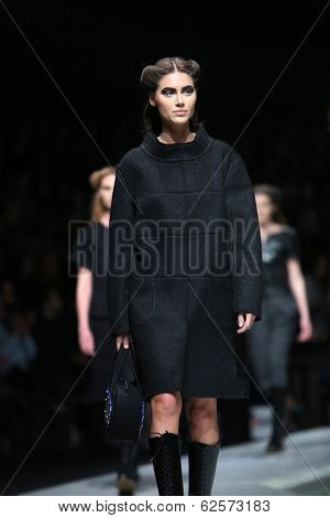 ZAGREB, CROATIA - MARCH 29: Fashion model wearing clothes designed by Branka Donassy on the 'Fashion.hr' show on March 29, 2014 in Zagreb, Croatia