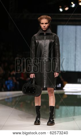 ZAGREB, CROATIA - MARCH 29: Fashion model wearing clothes designed by Branka Donassy on the 'Fashion.hr' show on March 29, 2014 in Zagreb, Croatia