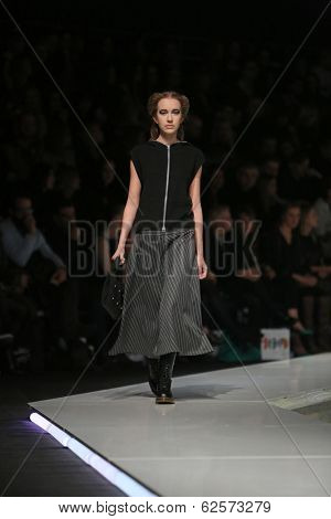 ZAGREB, CROATIA - MARCH 29: Fashion model wearing clothes designed by Branka Donassy on the 'Fashion.hr' show on March 29, 2014 in Zagreb, Croatia