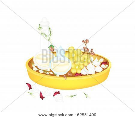 Perfume And Flower In Golden Tray For Songkran Festival