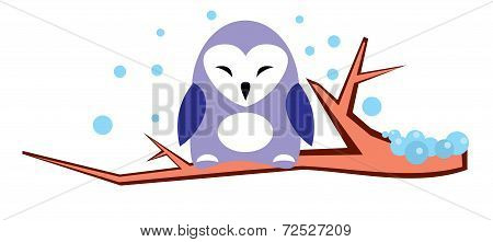 Cute violet owl on a branch in winter - vector illustration