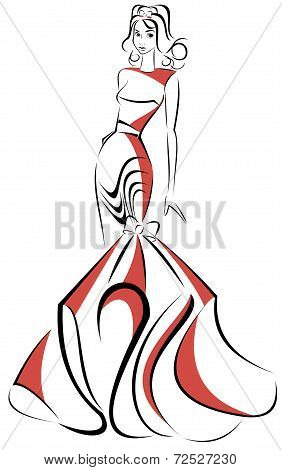 Silhouette of beautiful woman in a long red dress - vector illustration