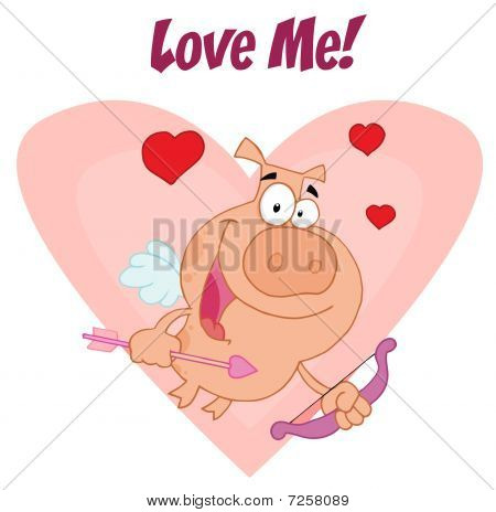 Ove Me texto sobre A Cupido Piggy com corações sobre A Pink Heart