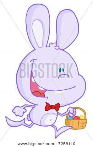 Happy Bunny roxo pálido correndo com ovos em uma cesta de Páscoa