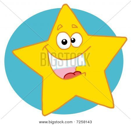 Estrela amarela animada, sorrindo e mostrando os dentes, sobre um círculo azul